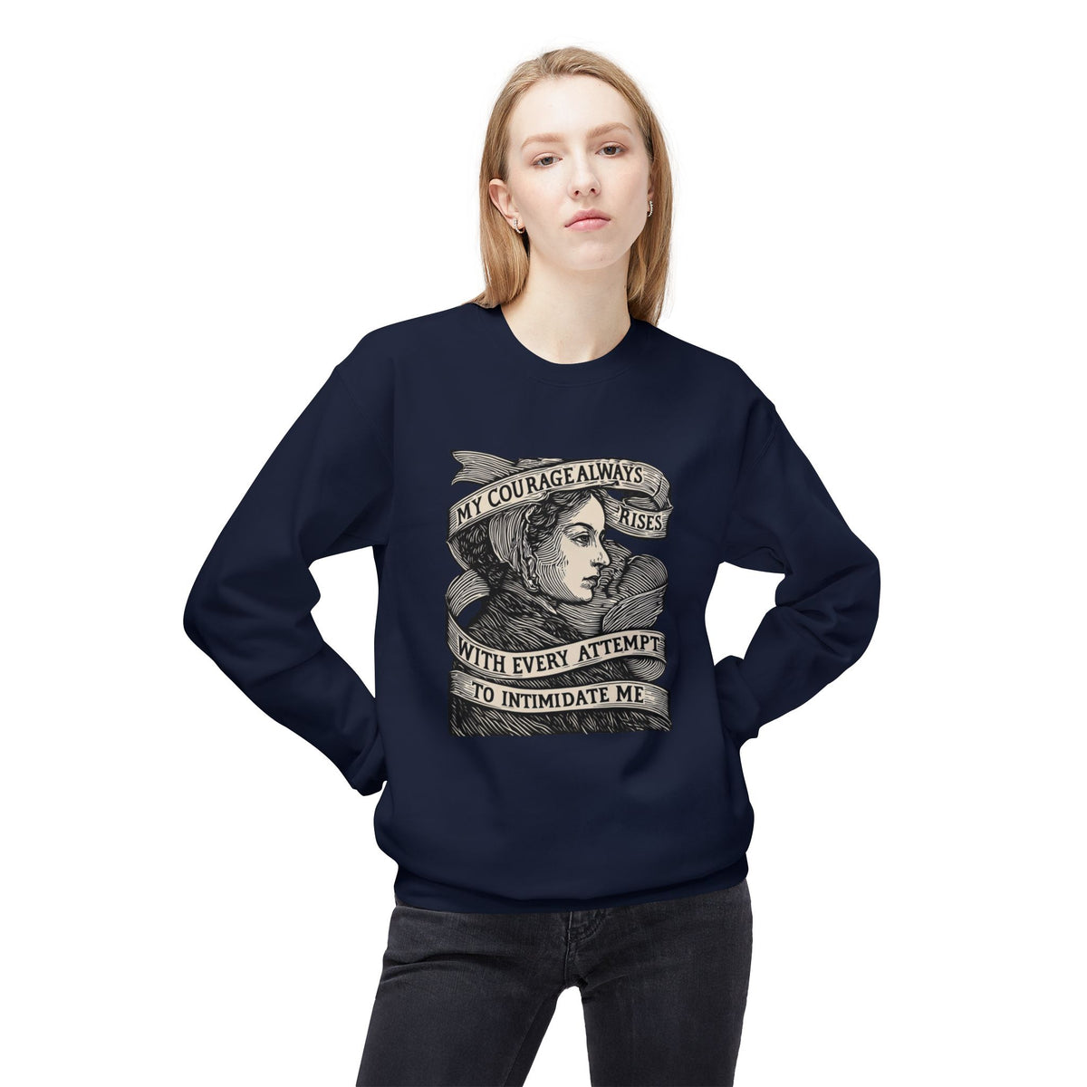 Courage Rises Crewneck Sweatshirt — Vintage Feminist Quote Graphic