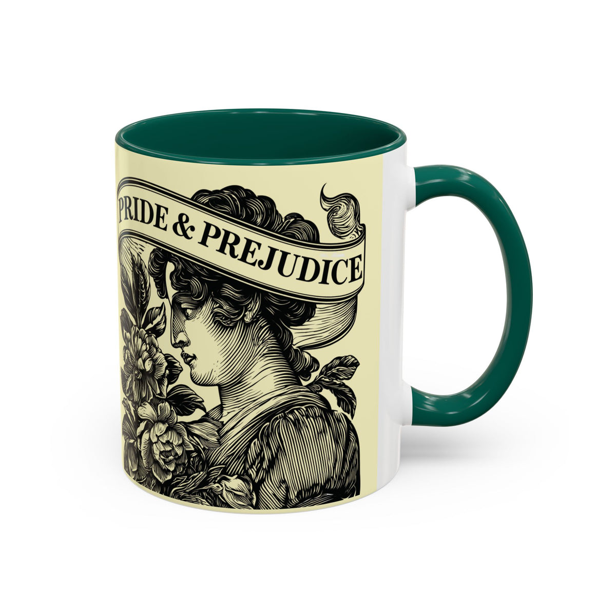 Pride & Prejudice Vintage Floral Mug — “Pride & Prejudice” Ceramic Book Lover Mug (11oz/15oz)
