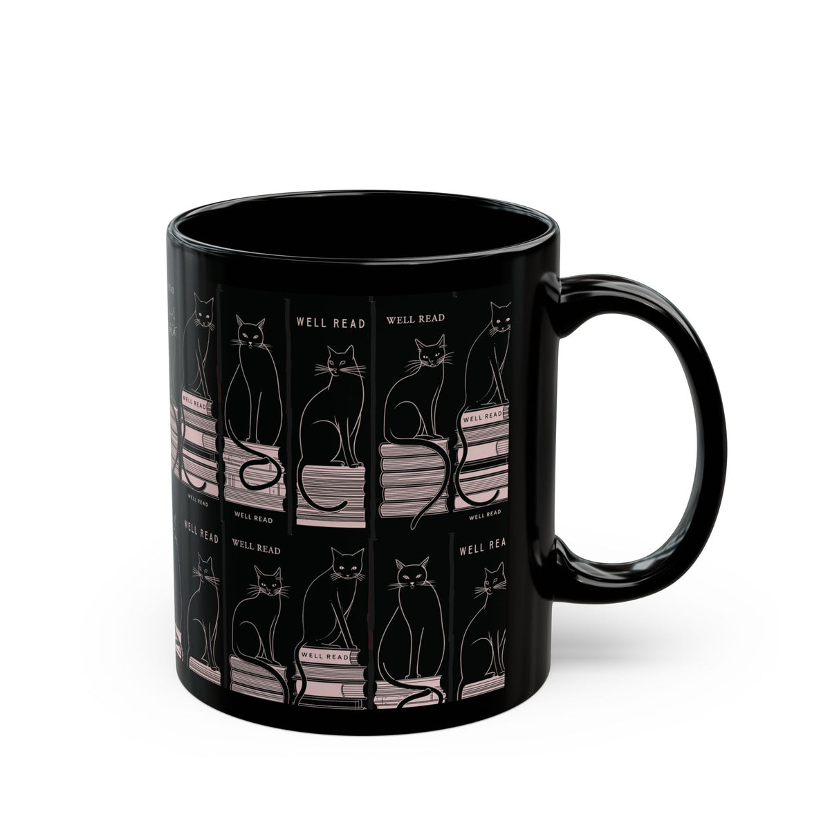 Bookish Black Cat Mug | Reading Cats Pattern on Black Ceramic Mug