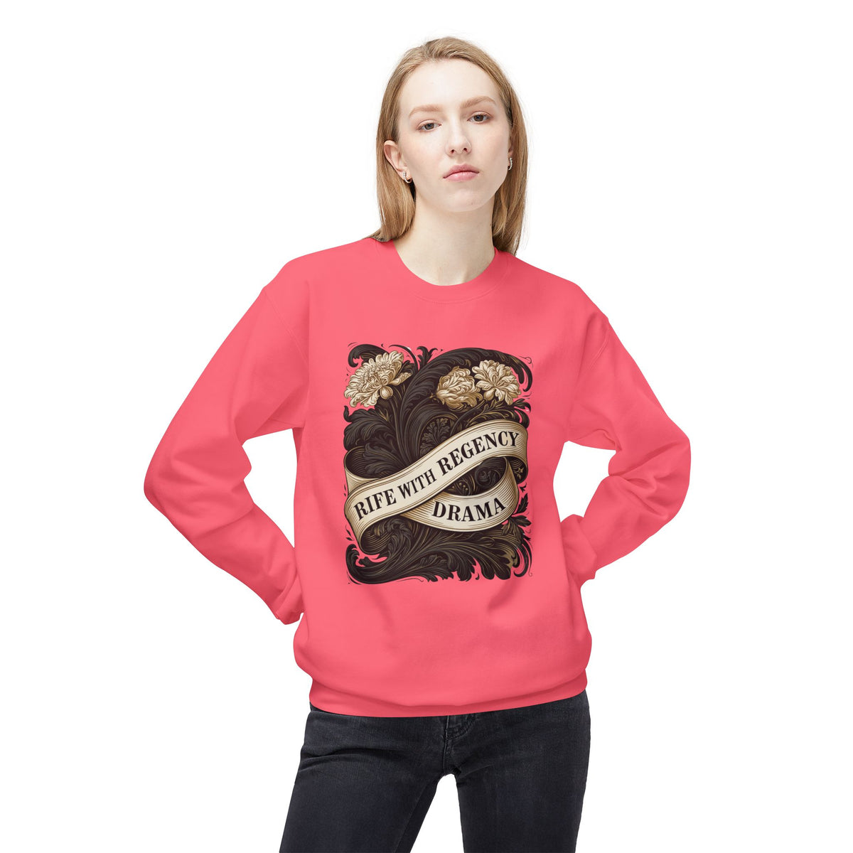 Regency Drama Crewneck Sweatshirt — "Rife With Regency Drama" Vintage Floral Graphic