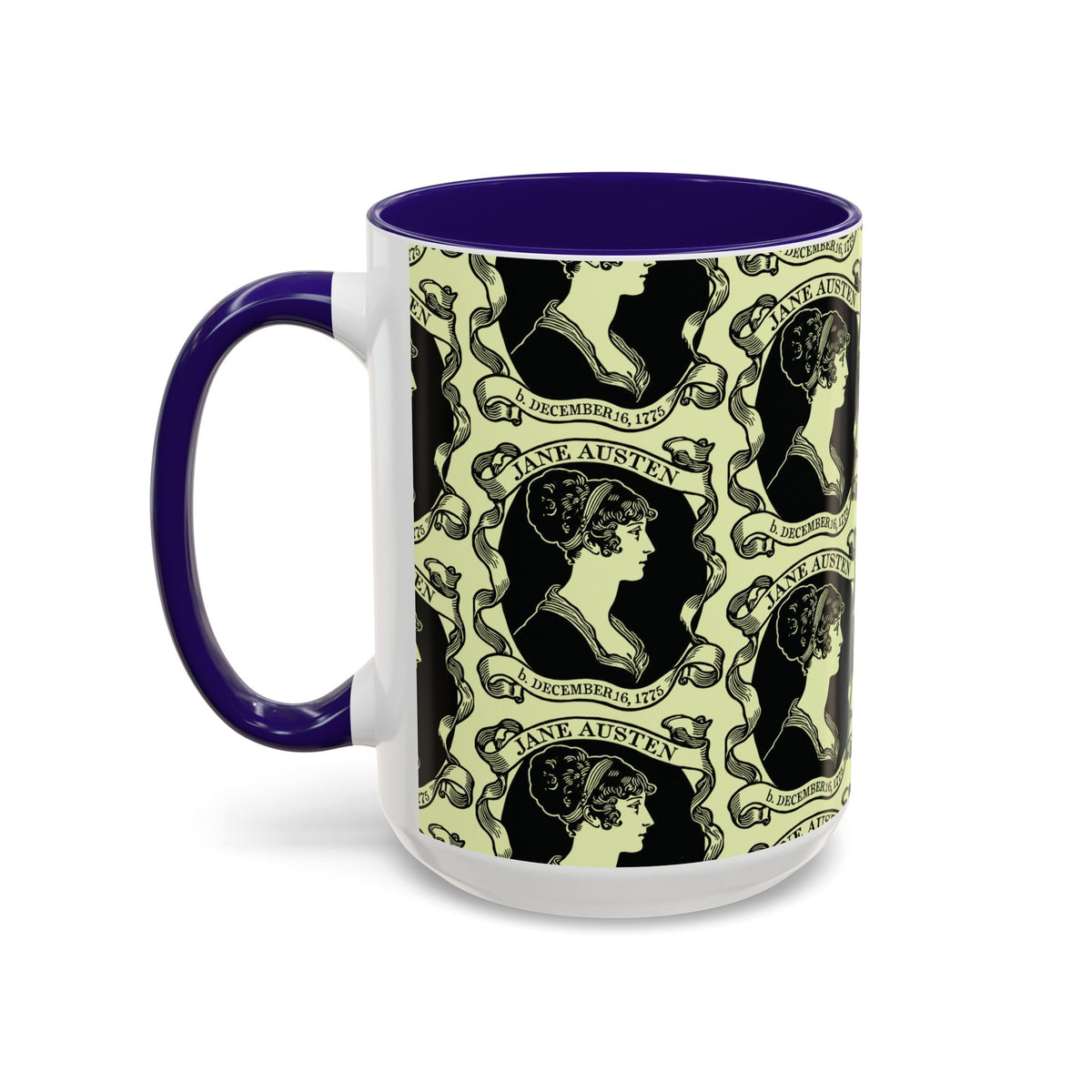 Jane Austen Cameo Pattern Coffee Mug — Literary Tea & Coffee Cup (11oz/15oz)