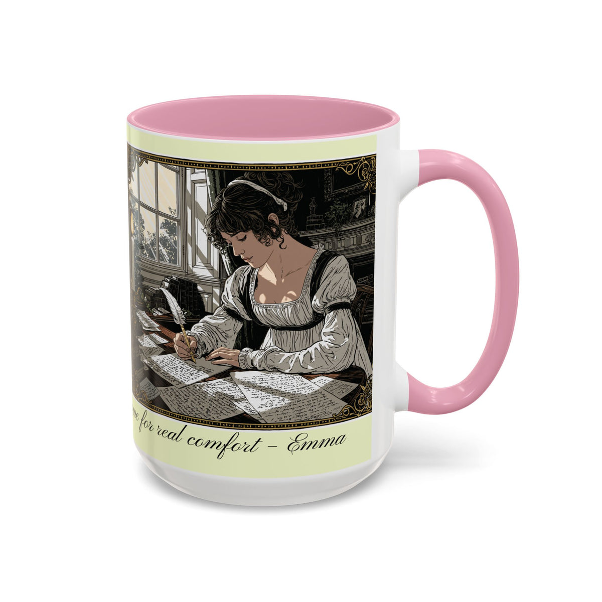 Regency Tea Quote Mug — 'Young Jane Austen Writing at Her Desk' Ceramic Coffee & Tea Cup (11oz/15oz)