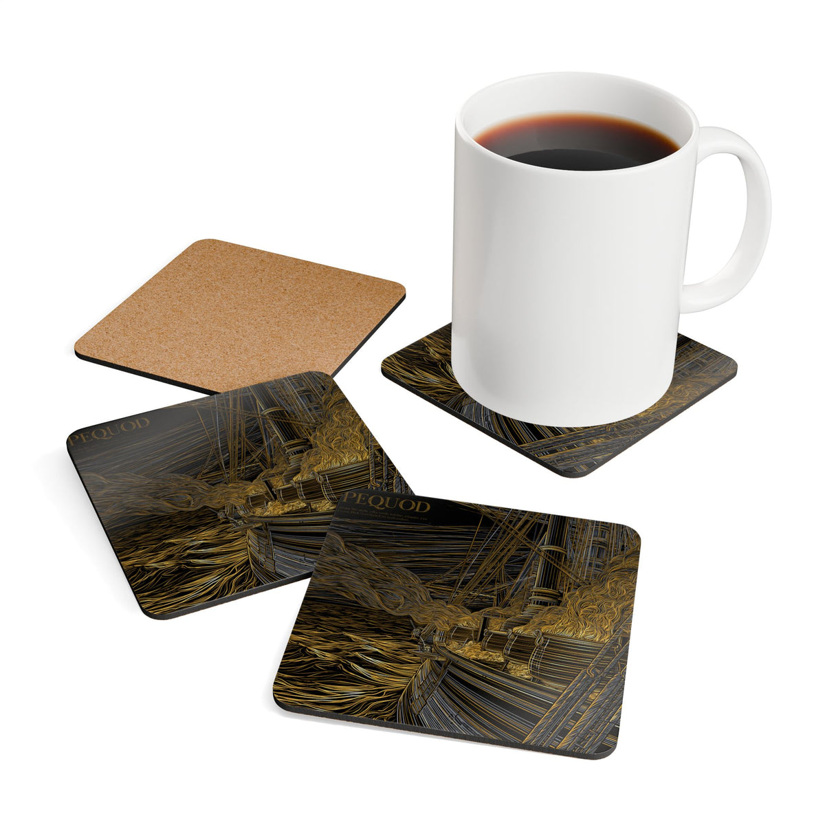 Nautical Moby-Dick Ship Coaster — Golden Line Art Cork Coaster Set