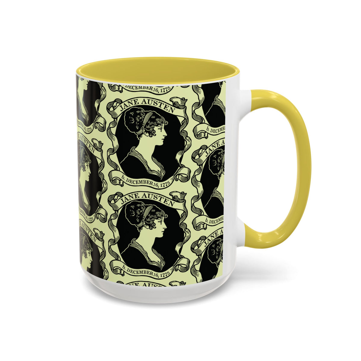 Jane Austen Cameo Pattern Coffee Mug — Literary Tea & Coffee Cup (11oz/15oz)