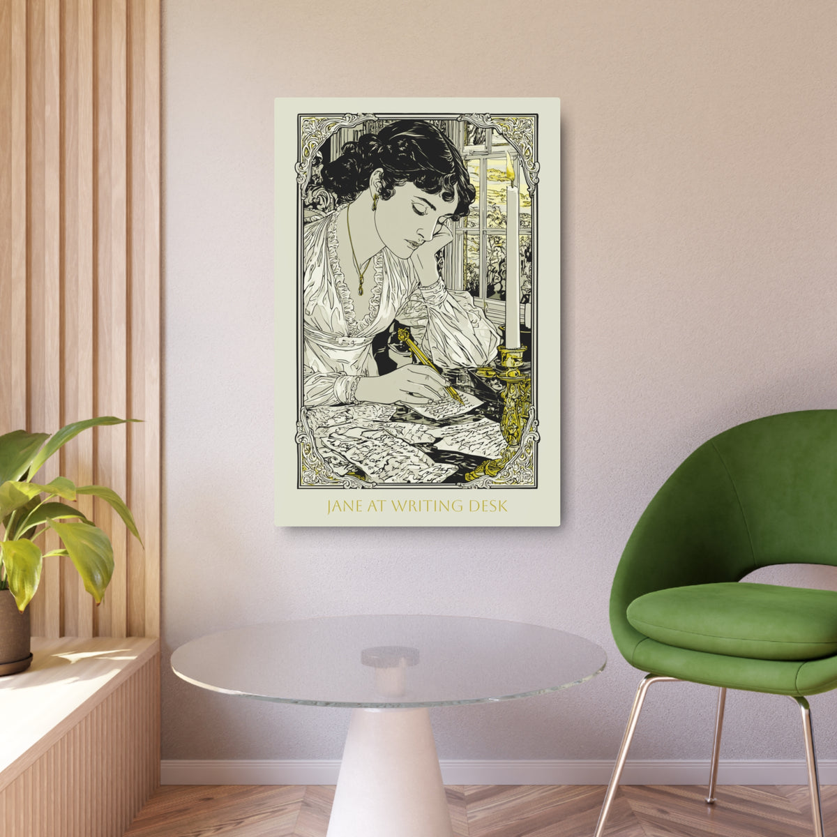 Metal Art Print — "Jane at Writing Desk" Vintage Art Nouveau Wall Plaque