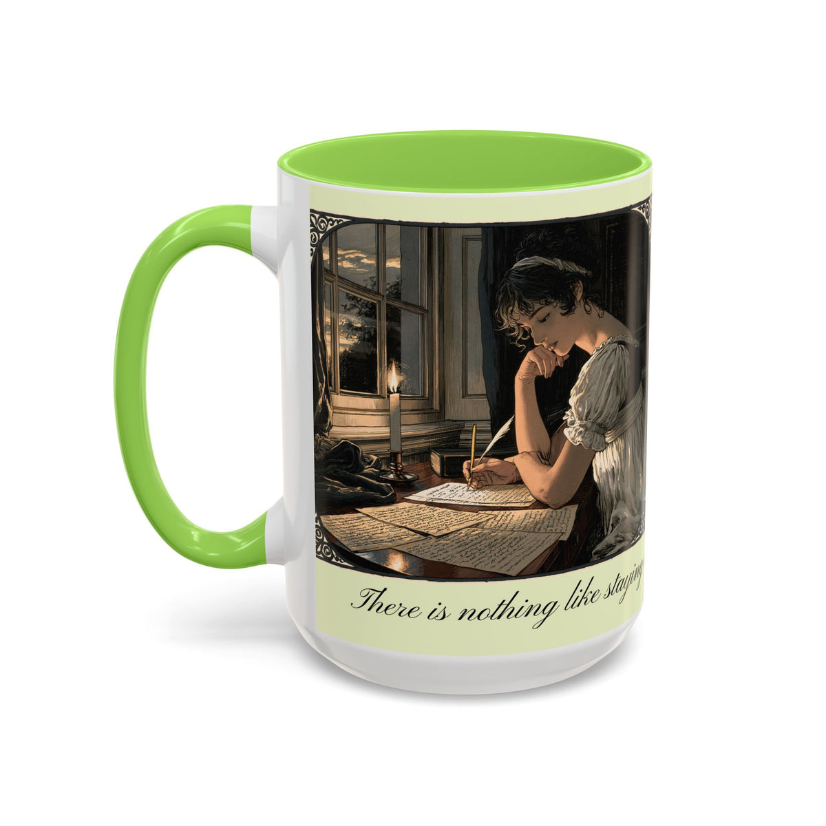 Regency Tea Quote Mug — 'Young Jane Austen Writing at Her Desk' Ceramic Coffee & Tea Cup (11oz/15oz)