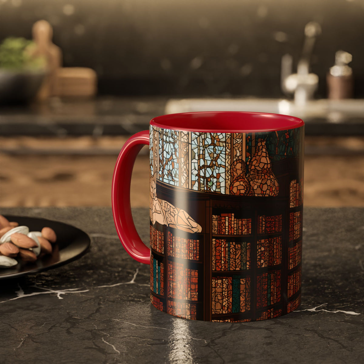 Cozy Library/Bookstore - Stained Glass Illustration Mug | Color Accent Ceramic Mug