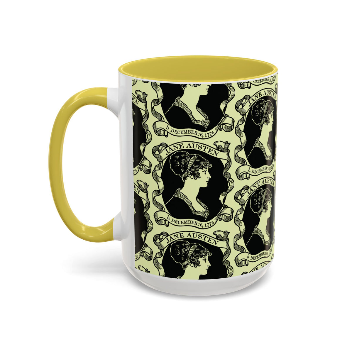 Jane Austen Cameo Pattern Coffee Mug — Literary Tea & Coffee Cup (11oz/15oz)