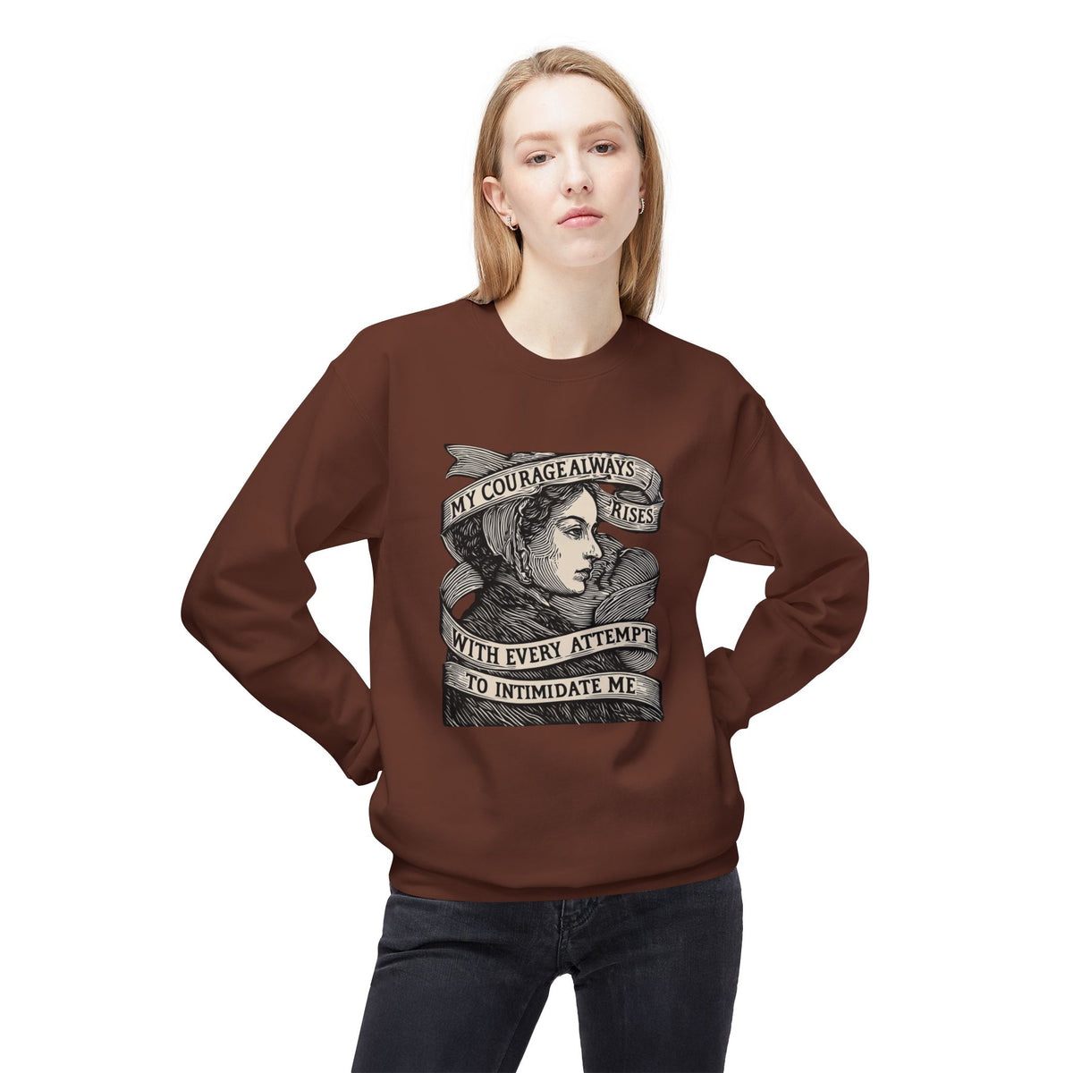 Courage Rises Crewneck Sweatshirt — Vintage Feminist Quote Graphic