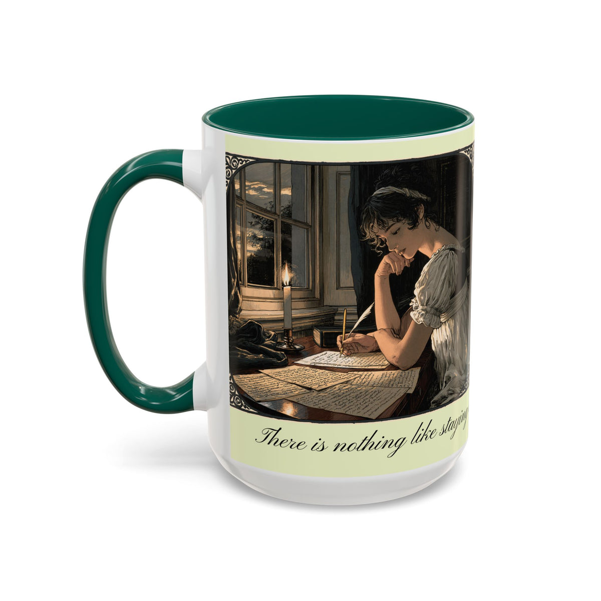 Regency Tea Quote Mug — 'Young Jane Austen Writing at Her Desk' Ceramic Coffee & Tea Cup (11oz/15oz)