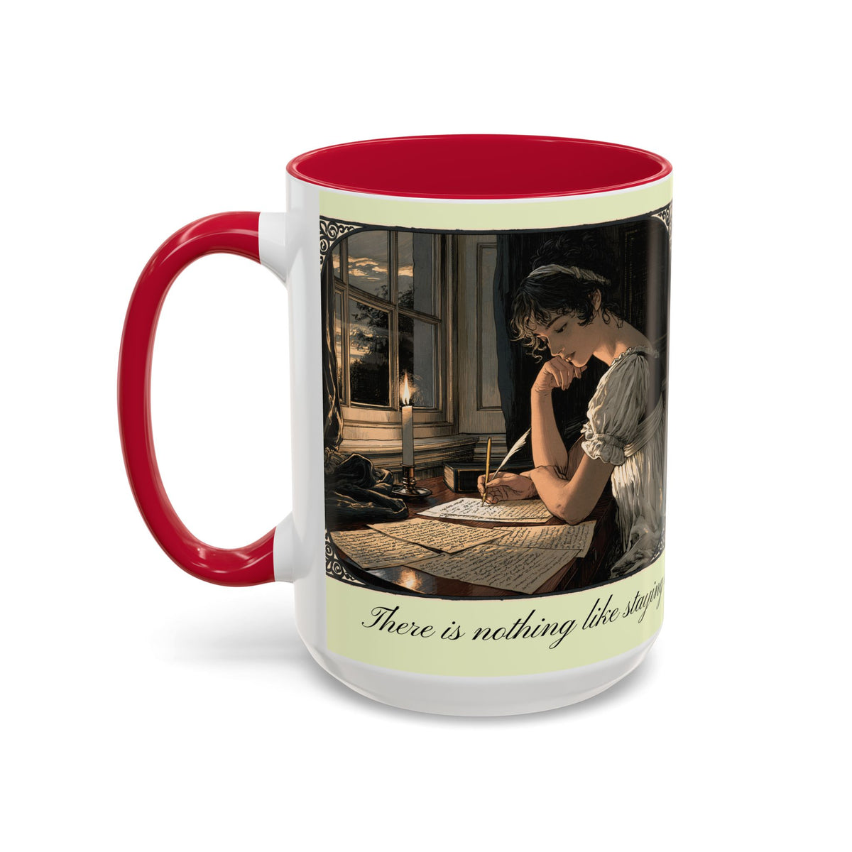 Regency Tea Quote Mug — 'Young Jane Austen Writing at Her Desk' Ceramic Coffee & Tea Cup (11oz/15oz)