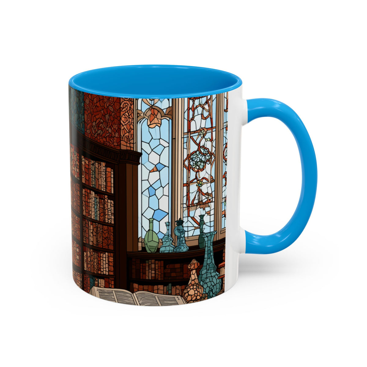 Cozy Library/Bookstore - Stained Glass Illustration Mug | Color Accent Ceramic Mug
