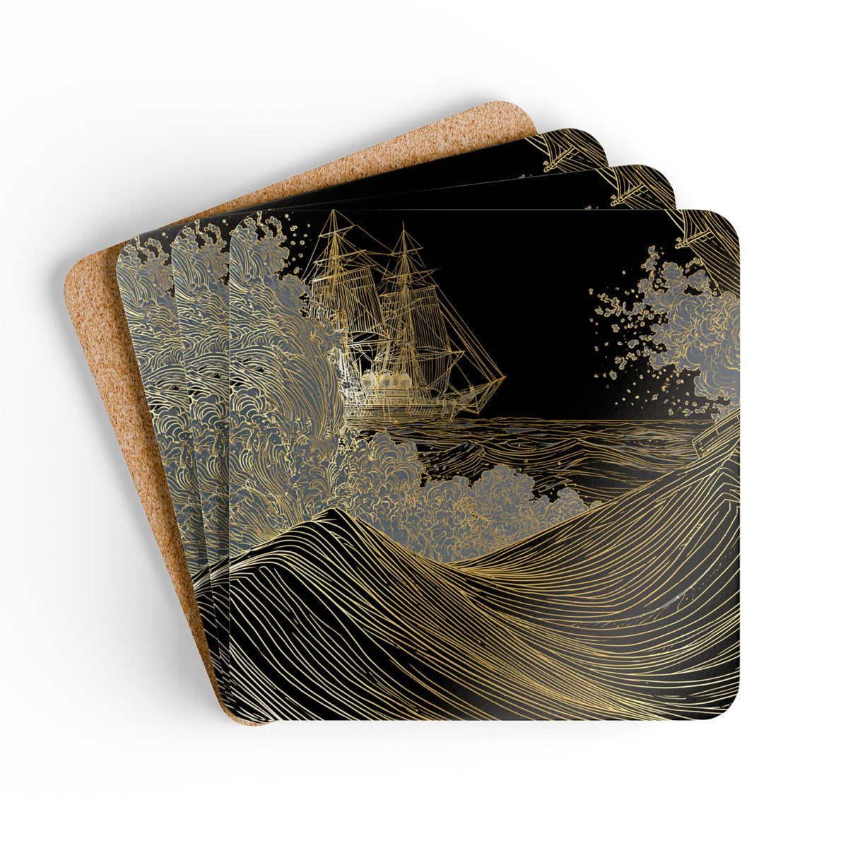 Nautical Gold Wave Cork Coaster Set — 'Pequod' Ship & Ocean Drink Coasters