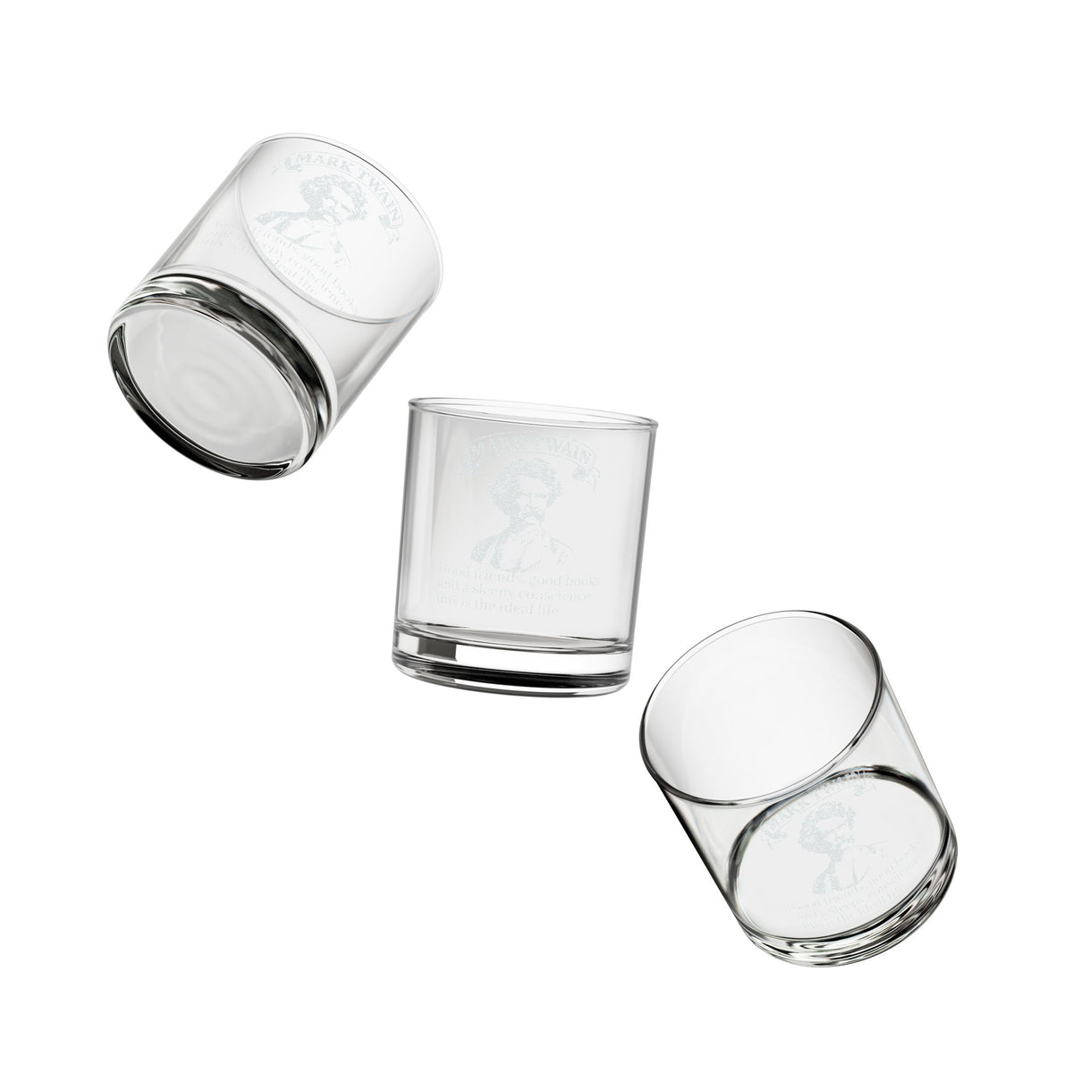 Mark Twain Engraved Whiskey Glass — "Good Friends, Good Books..." 10.5 oz Rocks Glass