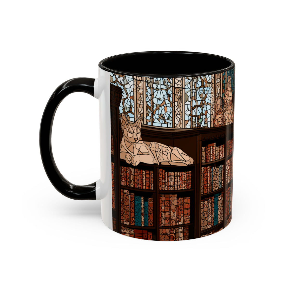 Cozy Library/Bookstore - Stained Glass Illustration Mug | Color Accent Ceramic Mug