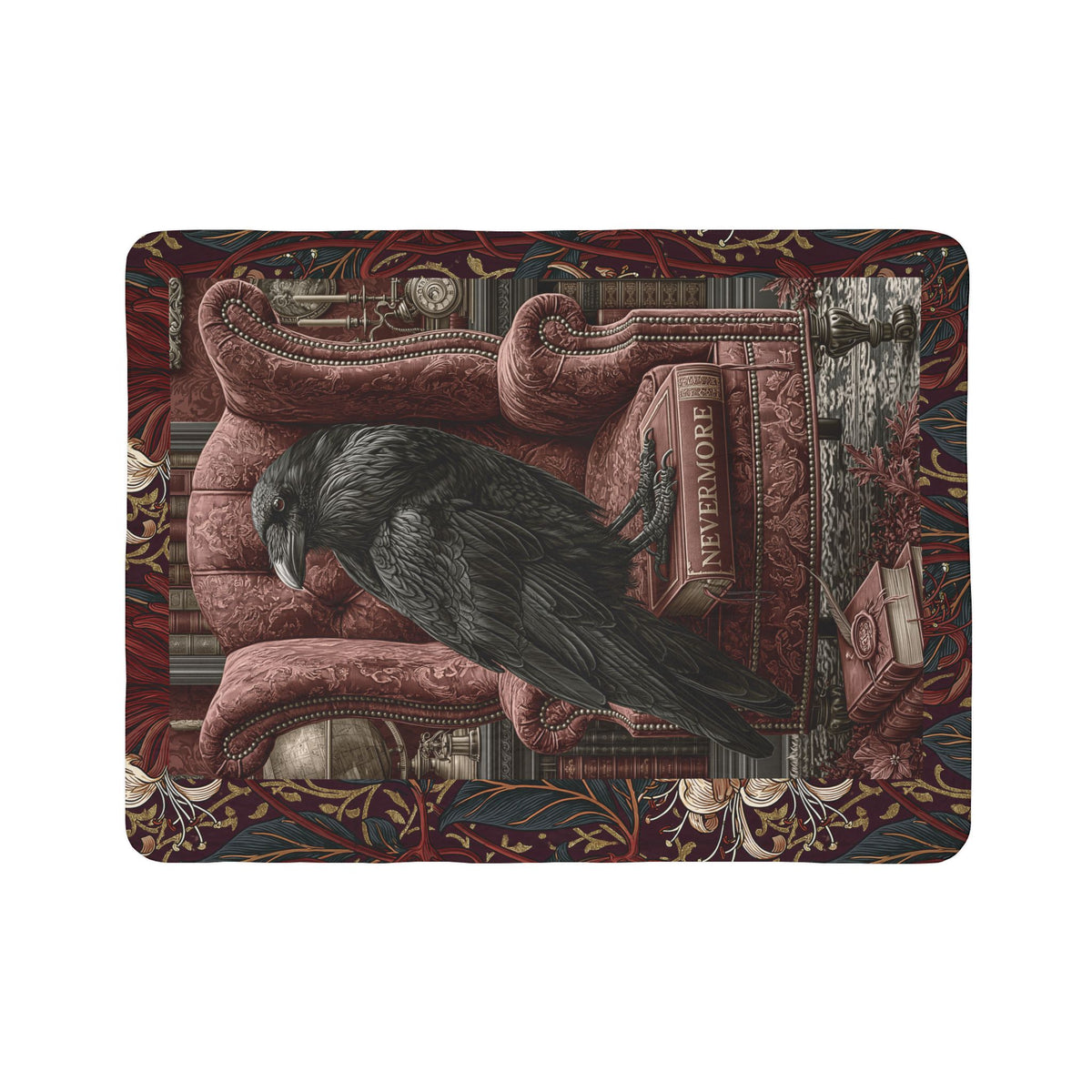 Raven on Armchair-Fleece Sherpa Blanket | Gothic Edgar Allan Poe Inspired