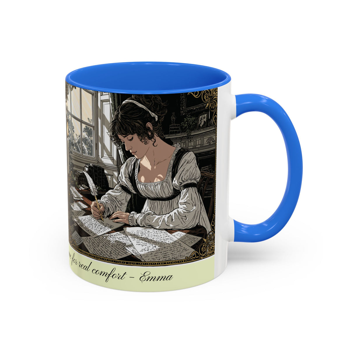 Regency Tea Quote Mug — 'Young Jane Austen Writing at Her Desk' Ceramic Coffee & Tea Cup (11oz/15oz)