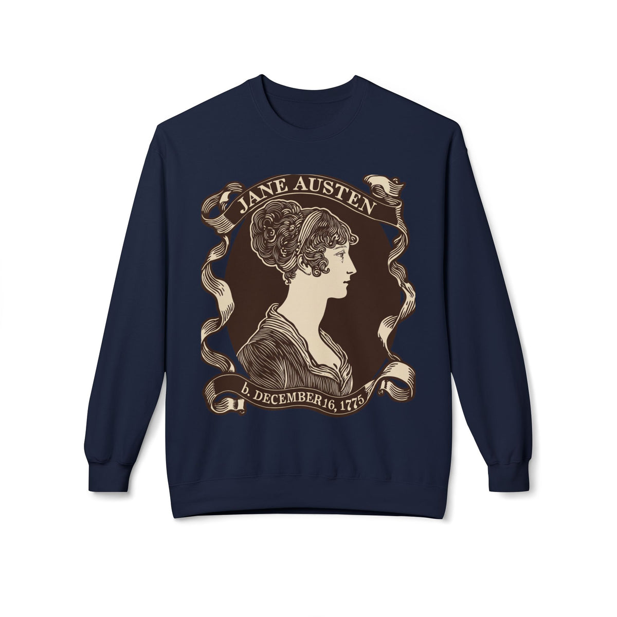 Jane Austen Portrait Crewneck Sweatshirt — "Birthdate" Cameo Silhouette Literary Sweatshirt
