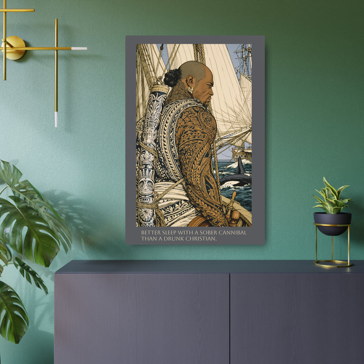 Nautical Tattooed Sailor — Helmsman's Watch Metal Art Sign — "Better Sleep with a Sober Cannibal" Wall Decor