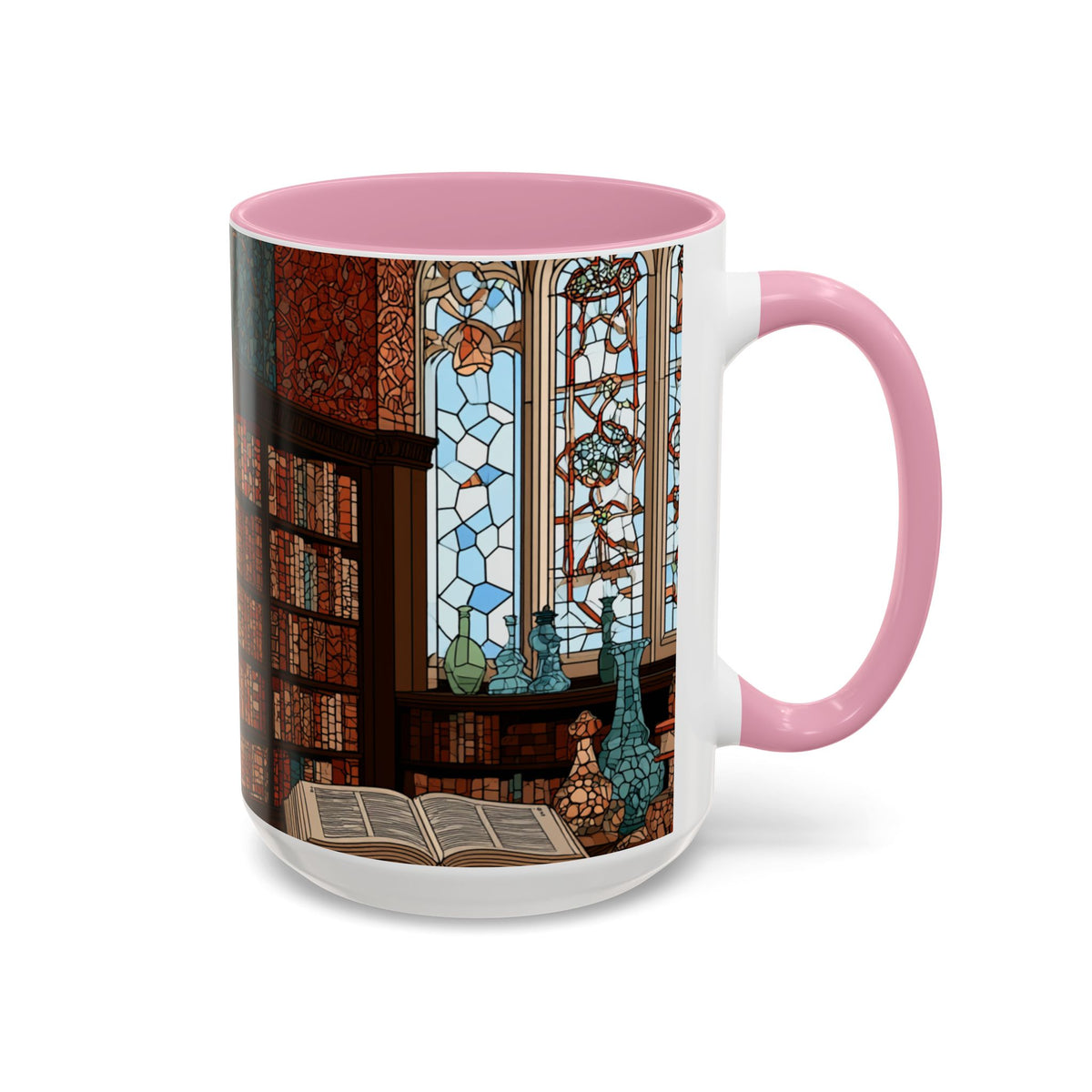 Cozy Library/Bookstore - Stained Glass Illustration Mug | Color Accent Ceramic Mug