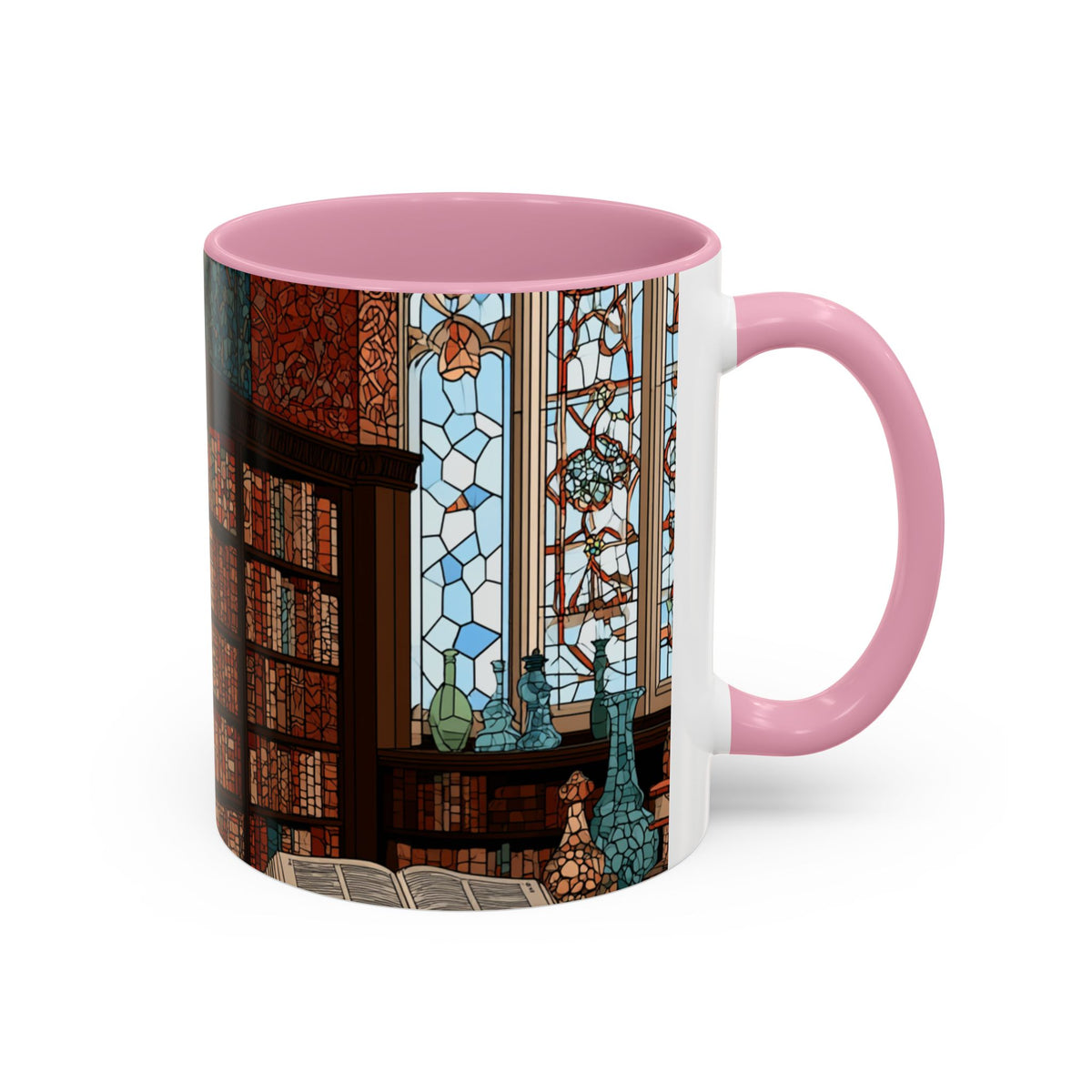 Cozy Library/Bookstore - Stained Glass Illustration Mug | Color Accent Ceramic Mug