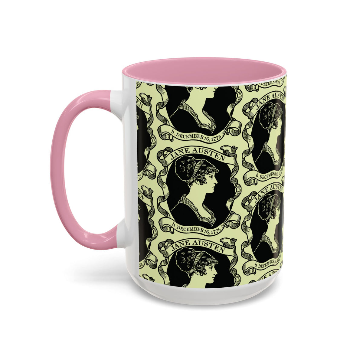 Jane Austen Cameo Pattern Coffee Mug — Literary Tea & Coffee Cup (11oz/15oz)