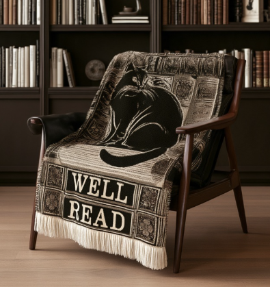 Black Cat Library Motif Woven Blanket | Well Read Bookish Throw