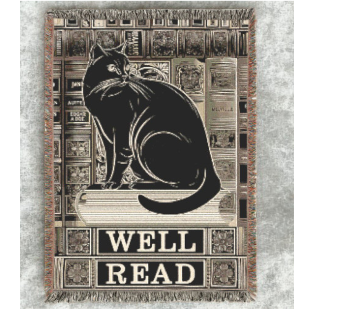 Black Cat Library Motif Woven Blanket | Well Read Bookish Throw