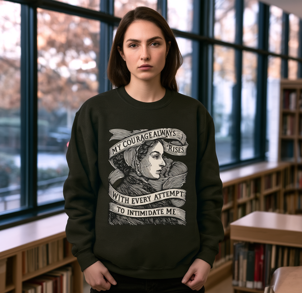 Courage Rises Crewneck Sweatshirt — Vintage Feminist Quote Graphic