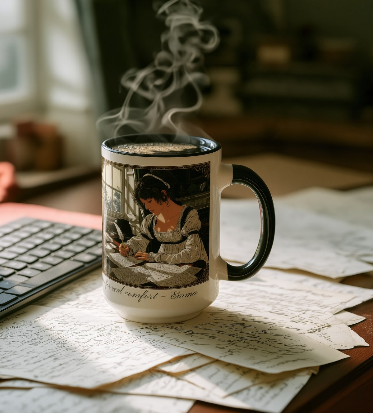 Regency Tea Quote Mug — 'Young Jane Austen Writing at Her Desk' Ceramic Coffee & Tea Cup (11oz/15oz)