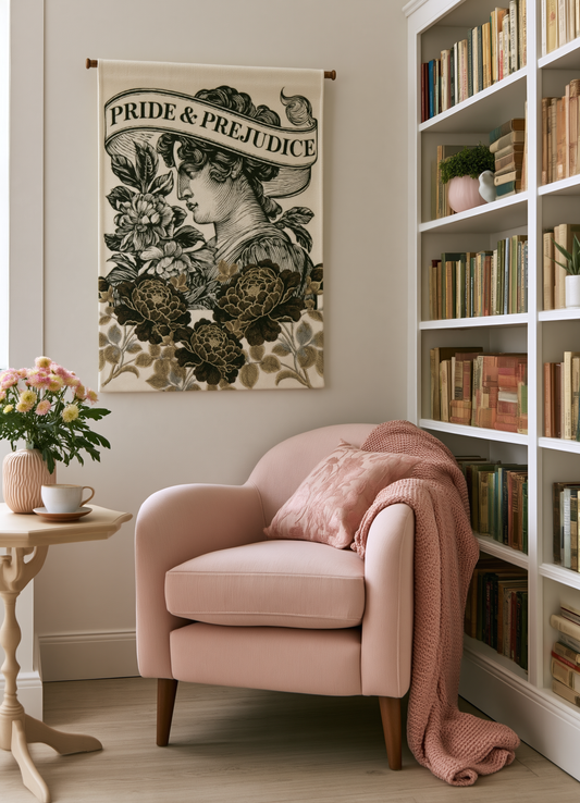Vintage 'Pride & Prejudice' Woven Wall Tapestry – Jane Austen Literary Home Decor