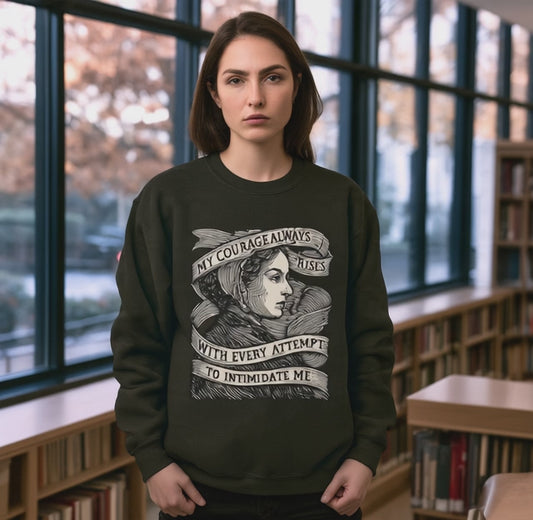 Courage Rises Crewneck Sweatshirt — Vintage Feminist Quote Graphic