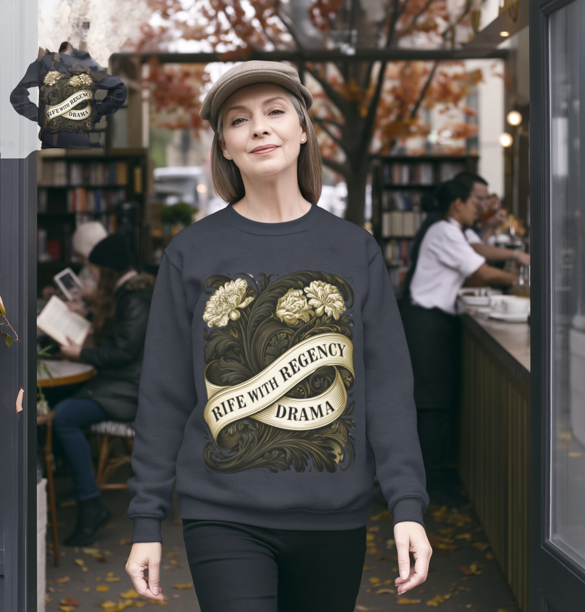 Regency Drama Crewneck Sweatshirt — "Rife With Regency Drama" Vintage Floral Graphic