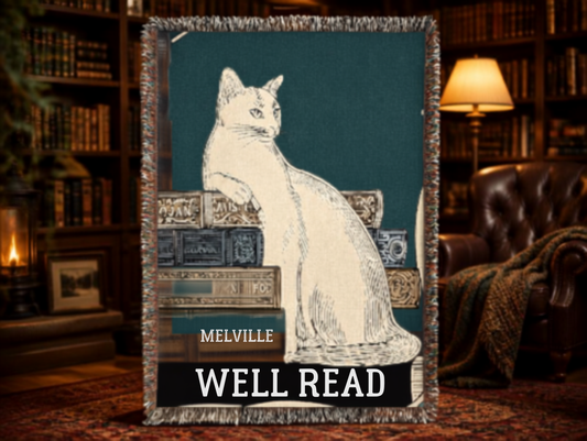 White Cat Library Motif Woven Blanket | Well Read Bookish Throw
